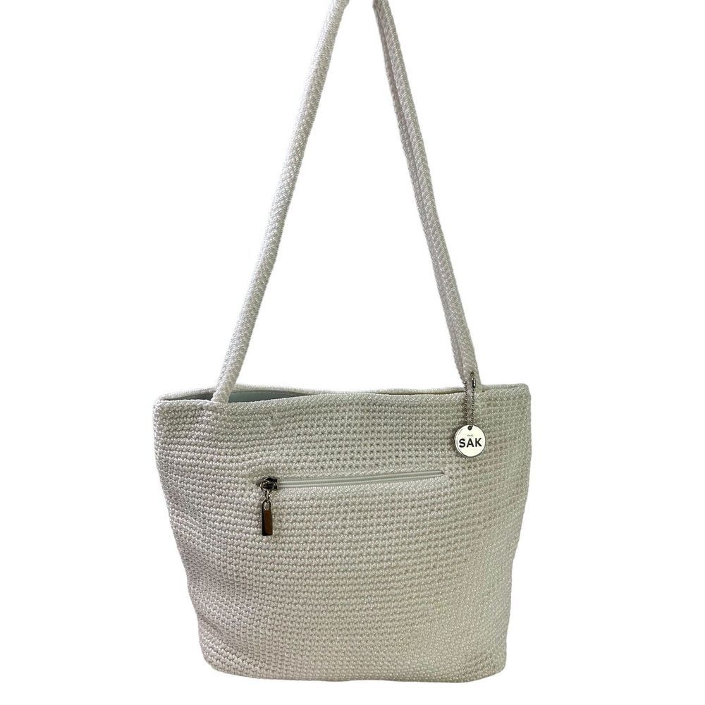 The Sak Womens White Crochet Double Handle Shoulder Bag Purse Handbag Boho